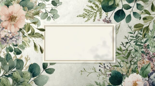 Herbal watercolor wedding invitation with leafy border and floral frame