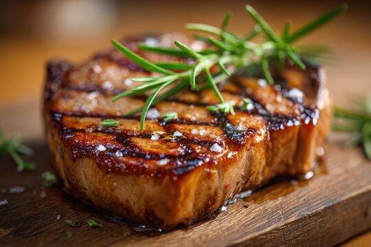 Herb-glazed grilled pork chop on a rustic wooden board with rosemary - Powered by Adobe