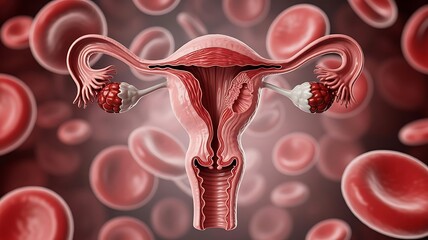 Female reproductive system with red blood cells background