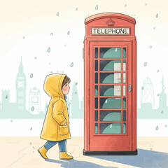 Obraz premium Cute child wearing yellow raincoat walking near a red phone booth