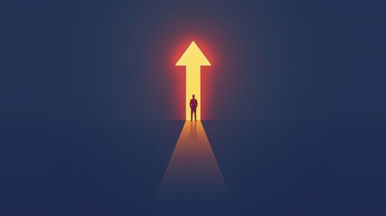Fototapeta premium A man stands before a glowing arrow pointing upwards in the dark blue sky