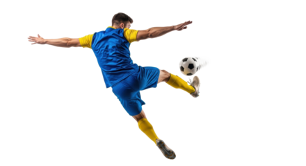 Young athletic muscular male soccer player in royal blue/yellow kit performs powerful acrobatic mid-air kick against white studio background. Concept of peak athleticism and determination