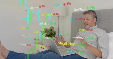 Man lounging on couch using laptop, activating animated charts updating and tracking inflation