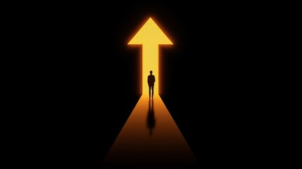 Fototapeta premium A man stands before a glowing arrow pointing upwards in the dark background