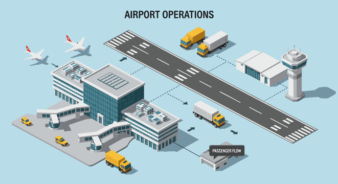 Detailed isometric airport operations illustration with planes, trucks, and passenger flow, perfect for travel or logistics related projects and presentations
