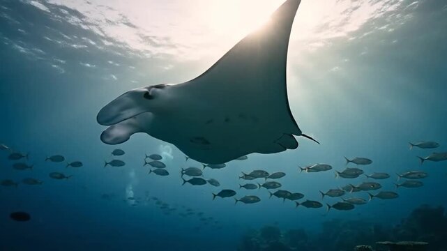 A manta ray glides through blue ocean water with a school of fish nearby.