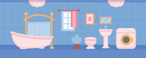 Home interior bathroom with a bathtub, toilet, and washing machine. Simple flat illustration.