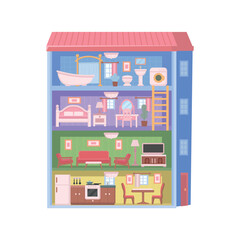 House interior: bedroom, living room, bathroom, and kitchen. Simple flat illustration. Dollhouse with furniture. Large house with a bathroom, bedroom, living room, and kitchen. Flat vector cartoon.