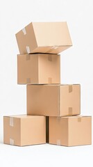 A stack of five cardboard boxes, taped shut, arranged vertically against a plain white backdrop.