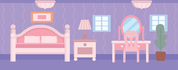 House interior: bedroom with a bed and mirror. Simple flat illustration.