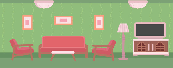 House interior: living room with sofa, armchairs, and TV. Simple flat illustration.
