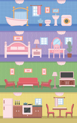 House interior: bedroom, living room, bathroom, and kitchen. Simple flat illustration.