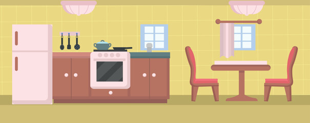 A house interior featuring a kitchen with a refrigerator, stove, and dining table and chairs. Simple flat illustration.