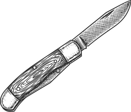 Hand drawn pocket knife sketch with a dark blade and patterned grip on a black background