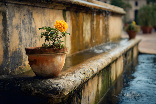 a potted plant sitting on a ledge next to a fountain