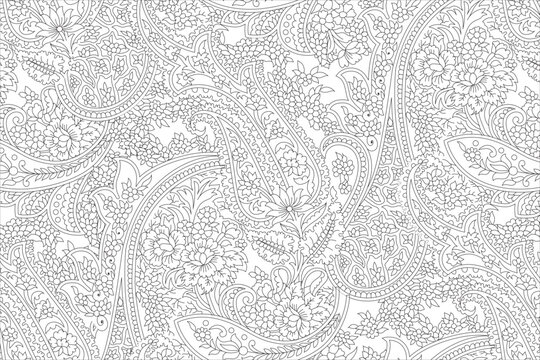 seamless outline Indian paisley pattern on white background