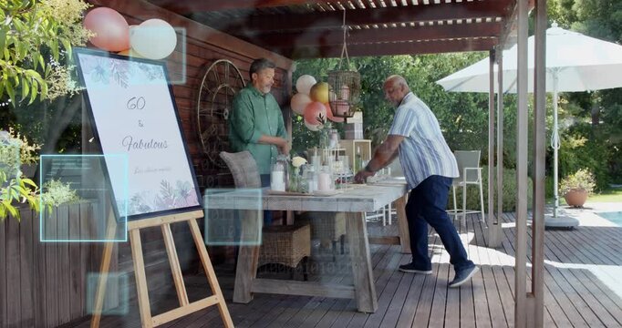 Host adjusting decor while guest walking in, arranging jars, HUD guiding party setup for 60th