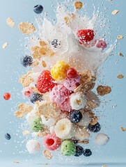 A dynamic shot of cereal, milk, and various fruits exploding against a light blue backdrop. The image captures the freshness and vibrancy of the ingredients.
