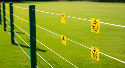Electric fence with yellow warning signs across a green grass field. Security and containment for property or livestock.