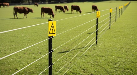 Electric fence with warning sign in focus, separating green pasture from cows grazing in the background on a sunny day, for farm security.
