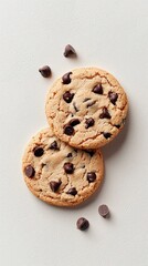Overhead shot of two chocolate chip cookies and chocolate chips on a white surface. The cookies are freshly baked and look delicious.