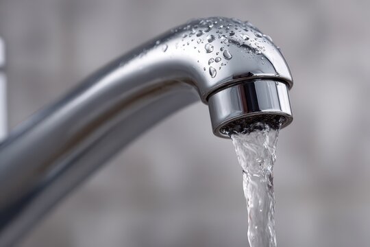 Illuminated bathroom sink faucet with a steady water stream, macro view showing texture and shine of the metal