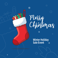 Festive red Christmas stocking hanging with gifts and Santa Claus decoration as a winter holiday vector illustration
