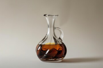 Studio shot of a glass carafe containing balsamic vinegar, highlighting its rich color and elegant design, perfect for culinary uses
