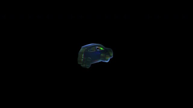 Green car assembling itself on black background