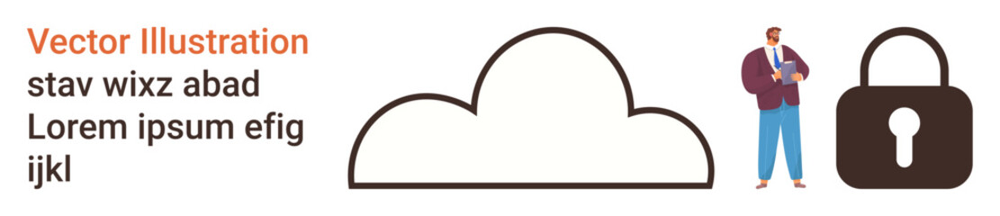 Data security, cloud storage, privacy protection, business solutions, online safety, access control. Visual elements include a cloud icon, a lock and a businessman. Data security and privacy