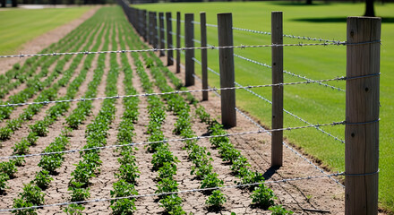 Barbed wire fence bordering a field of young green crops, with a green grassy field on the other side. Rural farmland imagery for agriculture and security.
