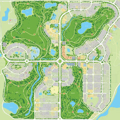 Obraz premium A detailed aerial view showcases a meticulously planned urban development, featuring parks, residential areas, and interconnected infrastructure, designed for modern living.