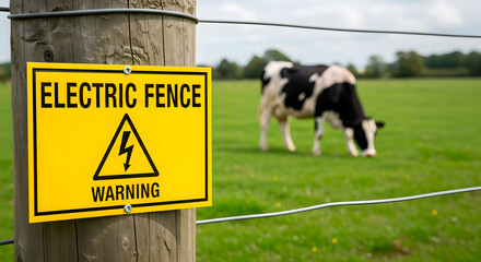 Obraz premium Electric fence warning sign on a wooden post with a cow grazing in a green field. Safety measure for livestock farming.