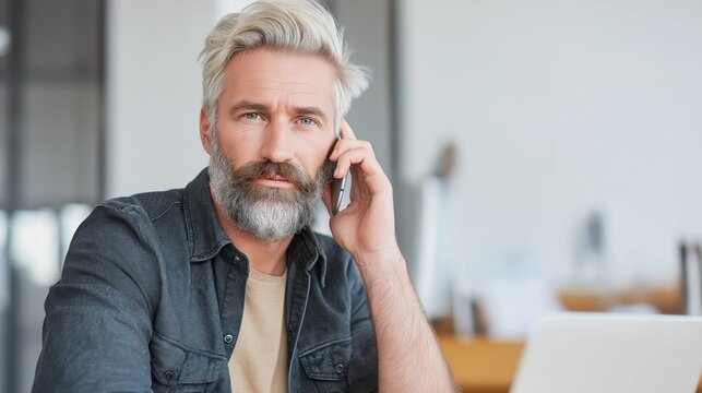 A man with a well-groomed beard is sitting at a contemporary desk, talking on his cellphone. He appears focused and attentive, surrounded by a bright and airy office environment