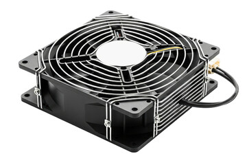 Industrial cooling fan with a protective metal grill cover isolated with transparent background