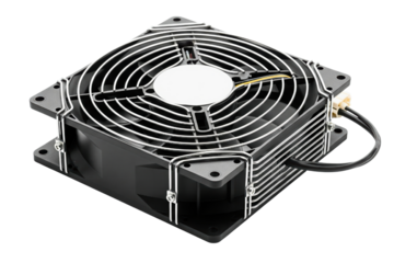 Industrial cooling fan with a protective metal grill cover isolated with transparent background