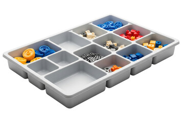 Assorted colorful mechanical parts in a sorting container for educational purposes isolated with transparent background