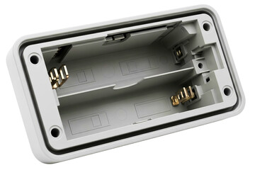 Empty white plastic battery holder compartment with metal contacts isolated with transparent background