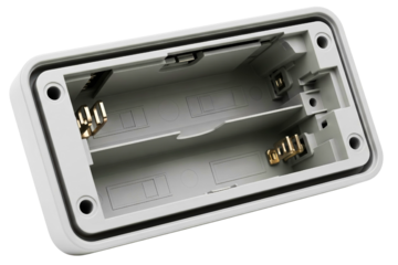 Empty white plastic battery holder compartment with metal contacts isolated with transparent background