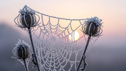 A stunning display of frost-covered spiderweb artfully draped across dried seed heads at sunrise in nature.