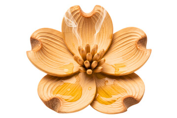 Wooden flower-shaped incense holder with aromatic smoke rising isolated with transparent background