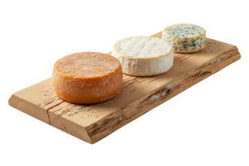 Assortment of three artisan cheese wheels on a rustic wood board isolated with transparent background