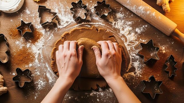Hands working on dough for baking cookies, with cookie cutters and rolling pin on a wooden surface.