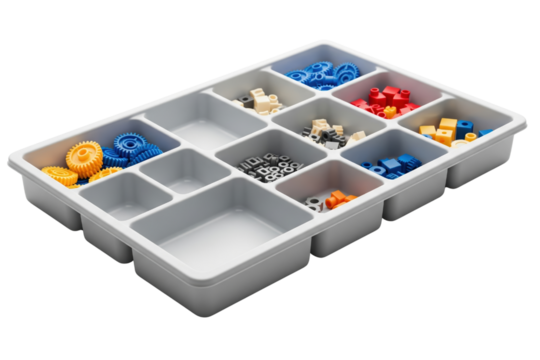 Assorted colorful mechanical parts in a sorting container for educational purposes isolated with transparent background