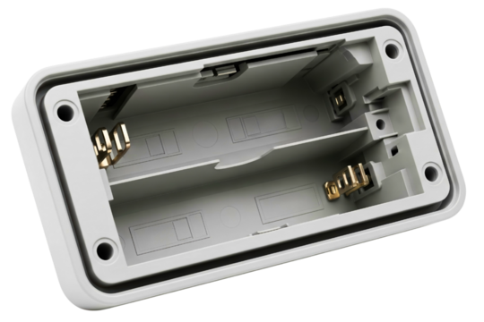 Empty white plastic battery holder compartment with metal contacts isolated with transparent background
