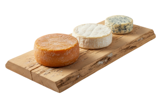 Assortment of three artisan cheese wheels on a rustic wood board isolated with transparent background