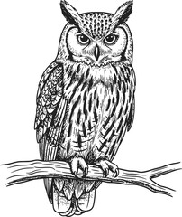 Nocturnal bird owl perched on a tree branch with closed eyes on black background