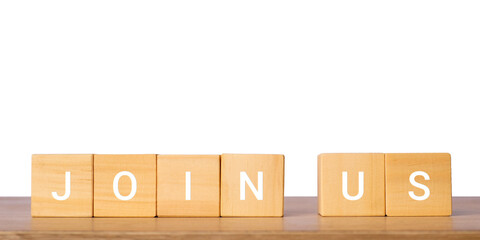 Wooden blocks with join us text for community invitation concept, isolated on transparent background