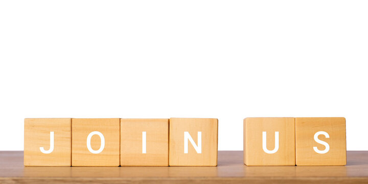 Wooden blocks with join us text for community invitation concept, isolated on transparent background