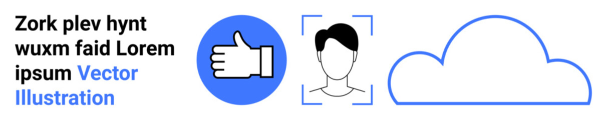 Identity verification, cloud storage, social media approval, data security, online connectivity, communication. Thumbs-up icon, face in verification frame cloud design. Identity verification